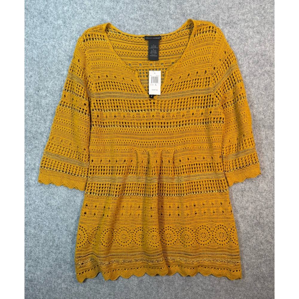 Grace Elements Crochet Tunic Top Brazen Gold Metallic Knit 3/4 Sleeve XL NEW